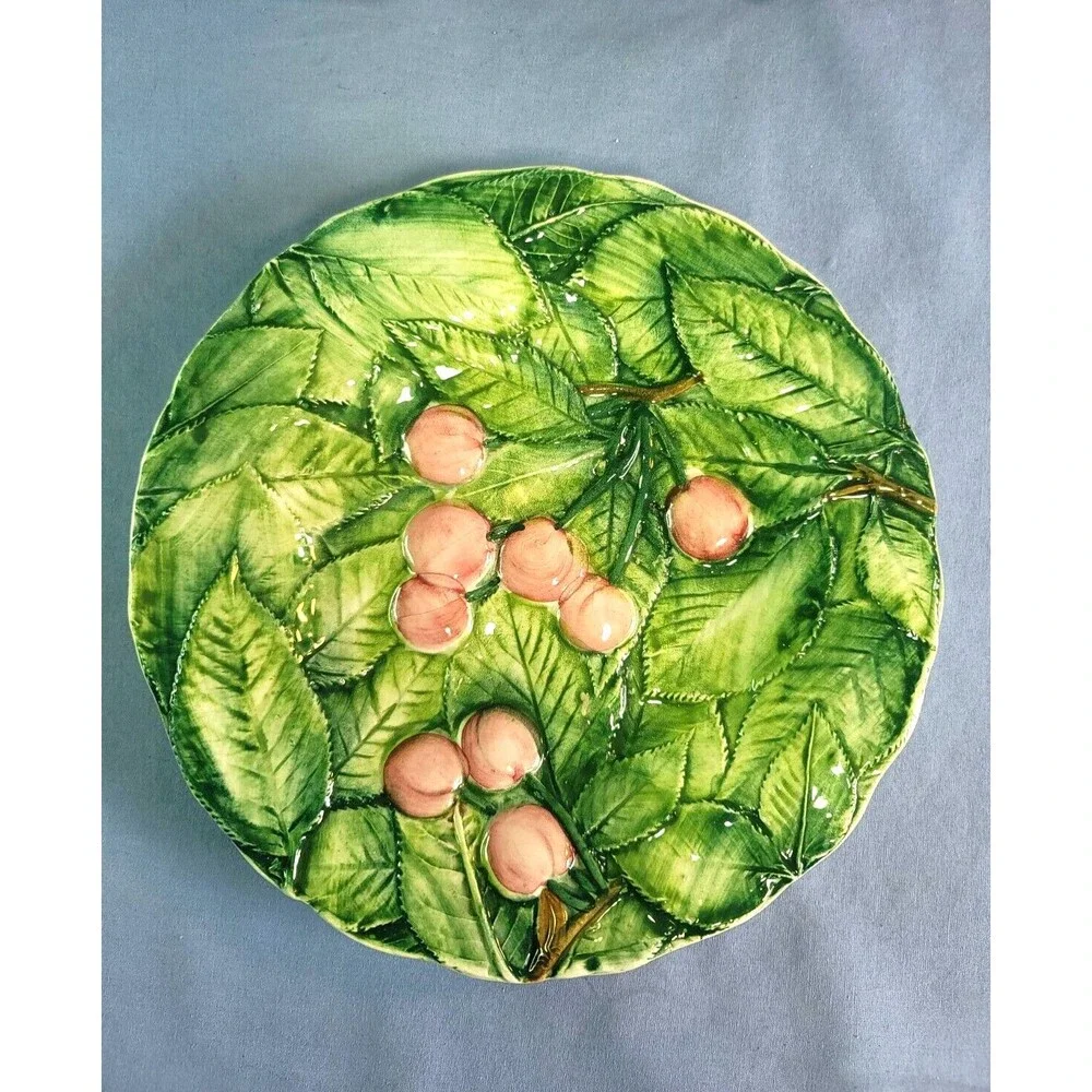 Italian Majolica Plates Cherries & Plum Hand Painted RARE 8''Raised Fruit VTG